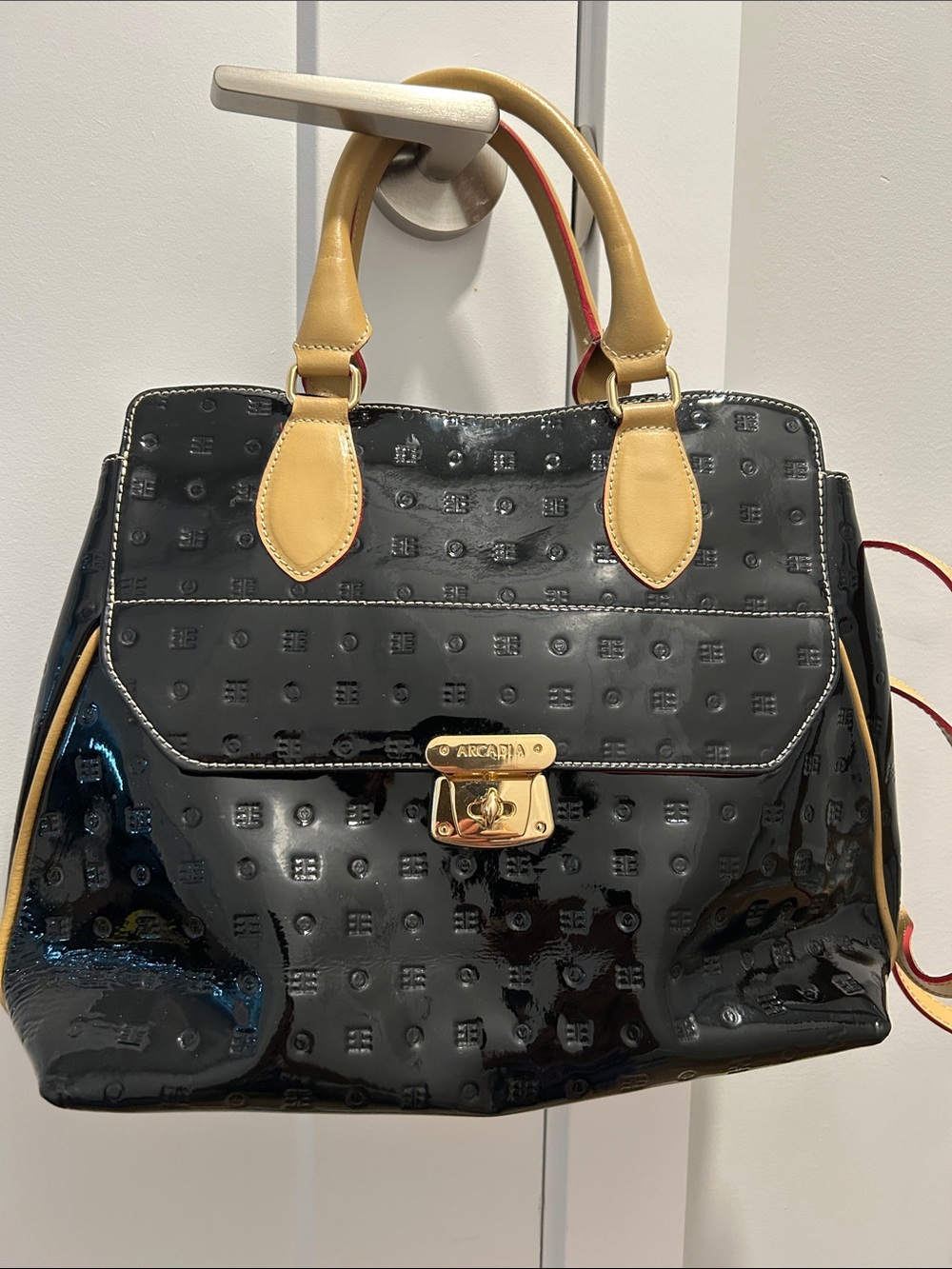 Arcadia Black Patent Satchel with Tan Handles and Gold Hardware